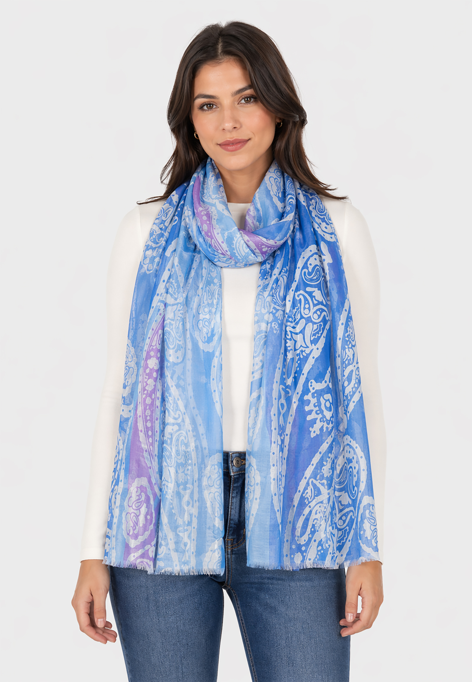 Leicht transparenter Schal Fransen Paisley Aufdruck Streifen Leicht transparenter Schal Fransen Paisley Aufdruck Streifen