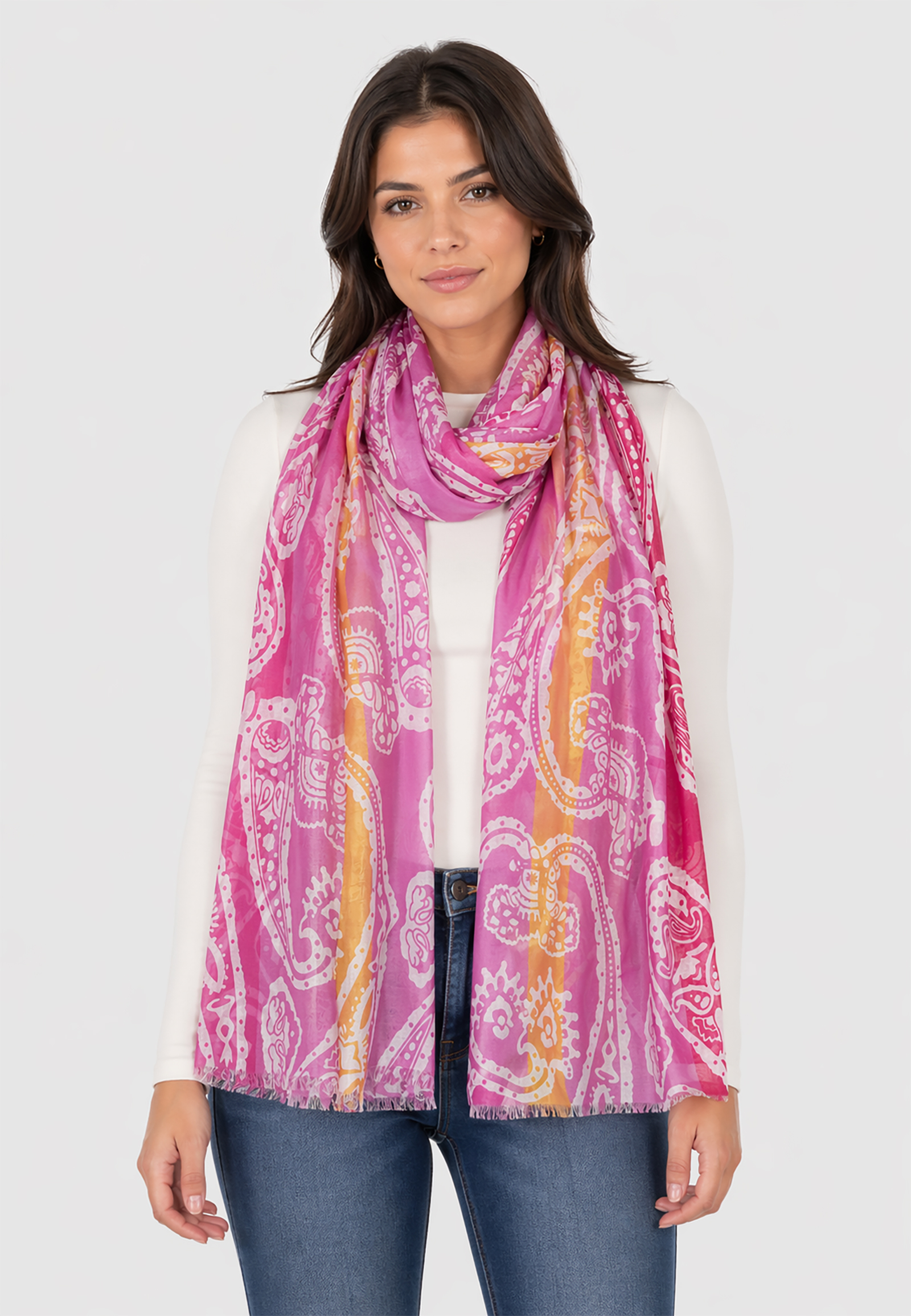 Leicht transparenter Schal Fransen Paisley Aufdruck Streifen Leicht transparenter Schal Fransen Paisley Aufdruck Streifen