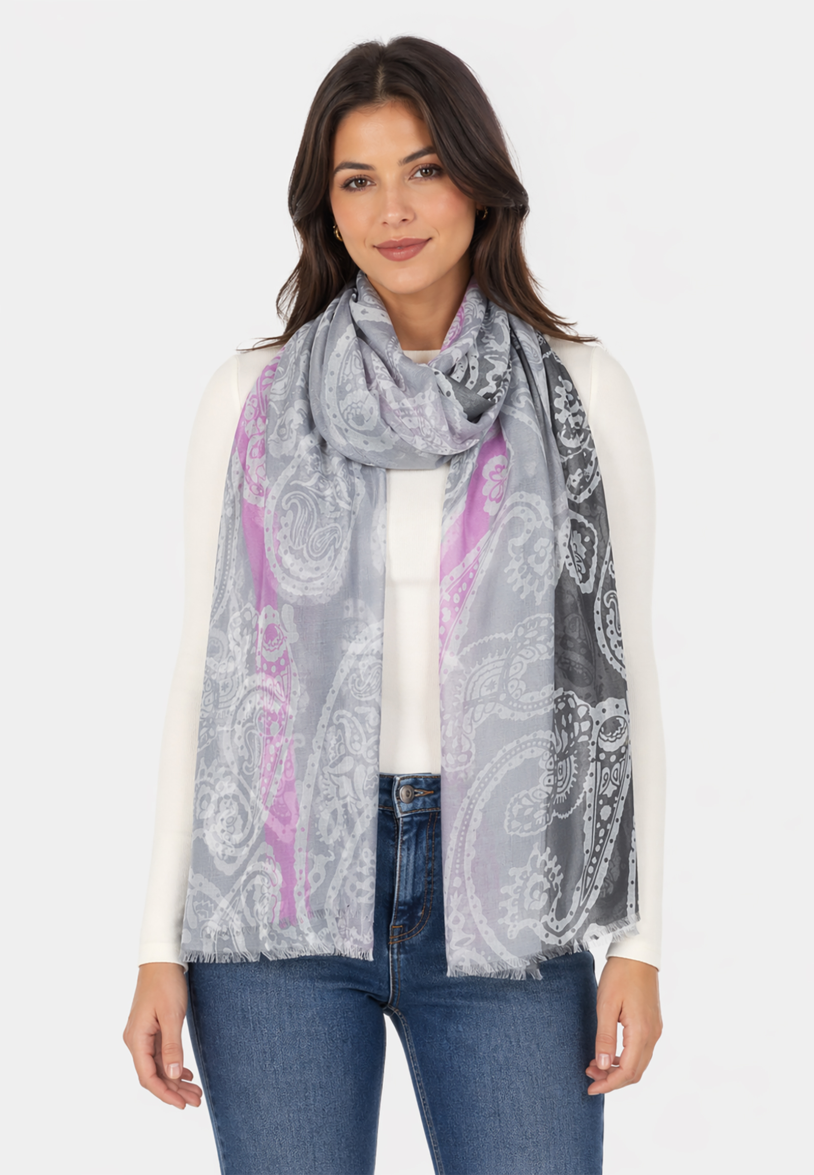 Leicht transparenter Schal Fransen Paisley Aufdruck Streifen Leicht transparenter Schal Fransen Paisley Aufdruck Streifen