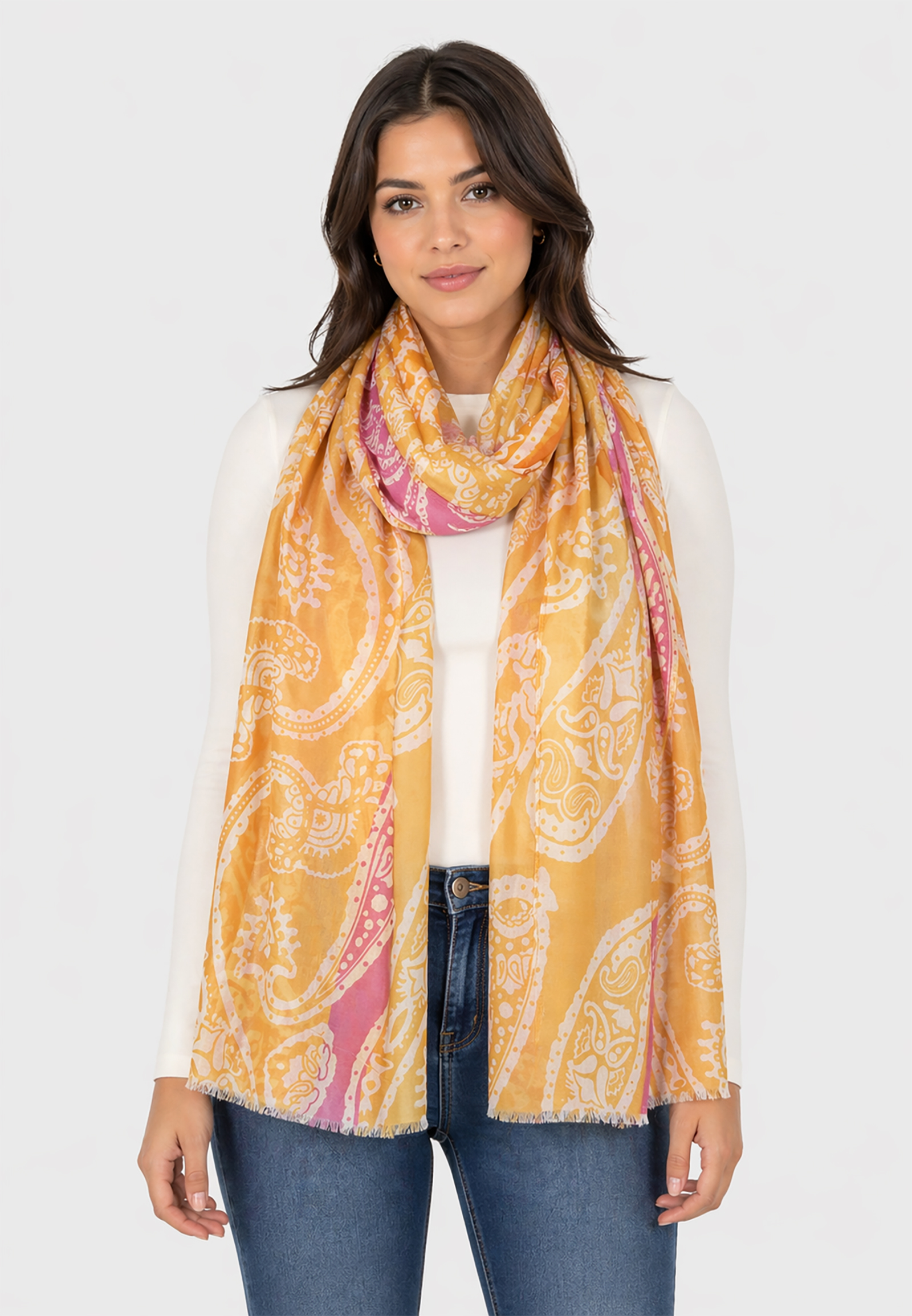 Leicht transparenter Schal Fransen Paisley Aufdruck Streifen Leicht transparenter Schal Fransen Paisley Aufdruck Streifen