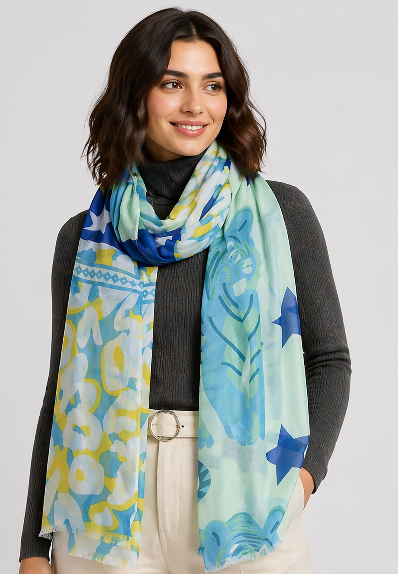 Leichter Strickschal Fransen Damen Accessoires Tigermotiv Leichter Strickschal Fransen Damen Accessoires Tigermotiv
