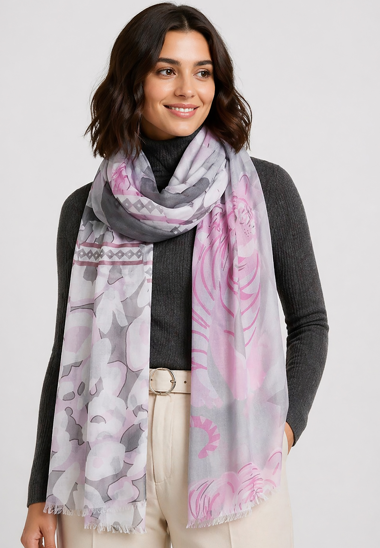 Leichter Strickschal Fransen Damen Accessoires Tigermotiv Leichter Strickschal Fransen Damen Accessoires Tigermotiv