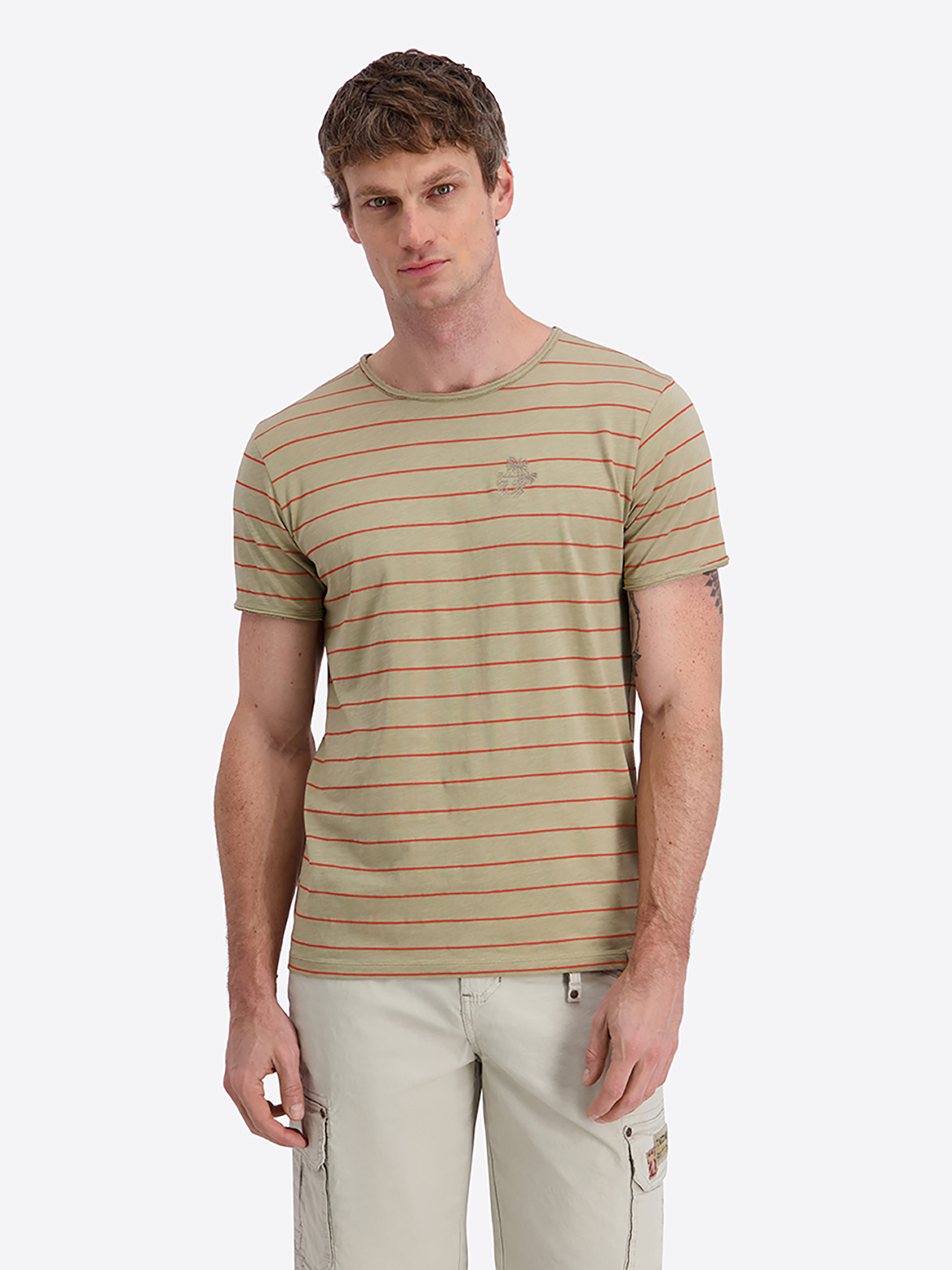 Timezone Timezone Gestreiftes Kurzarmshirt Rundhalsausschnitt Basic Stil – Khaki, Bild 2