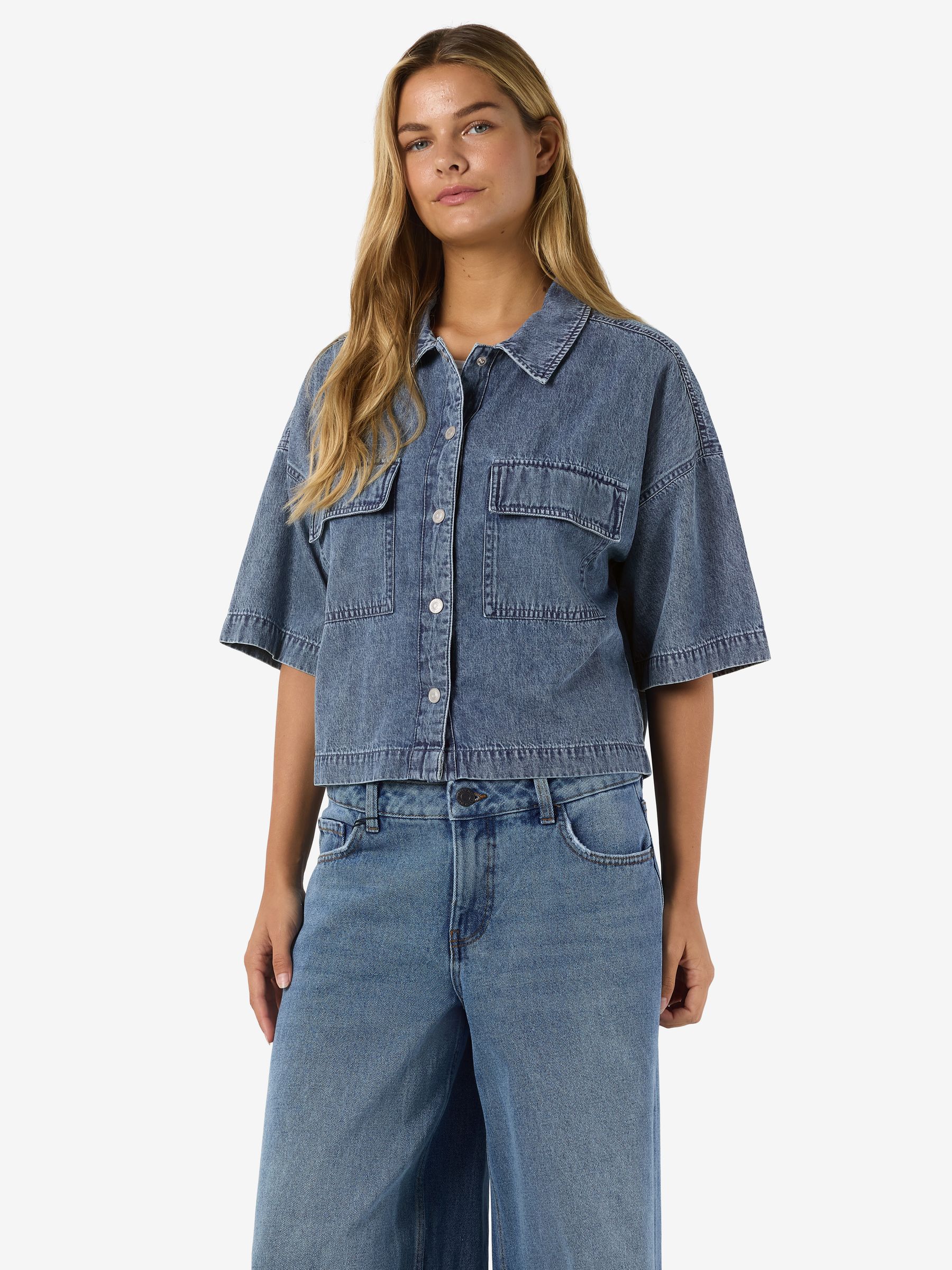 27036512_4919938_4.jpg Halbarm Jeanshemd Locker Geschnitten Knopfleiste Casual