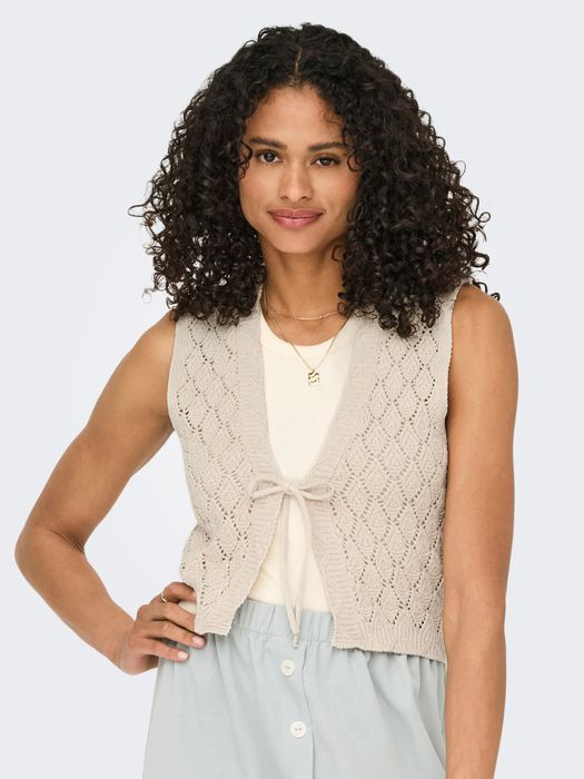 Only Ärmelloses Cardigan Einfarbig V-Ausschnitt Bindeband – Creme, Bild 3