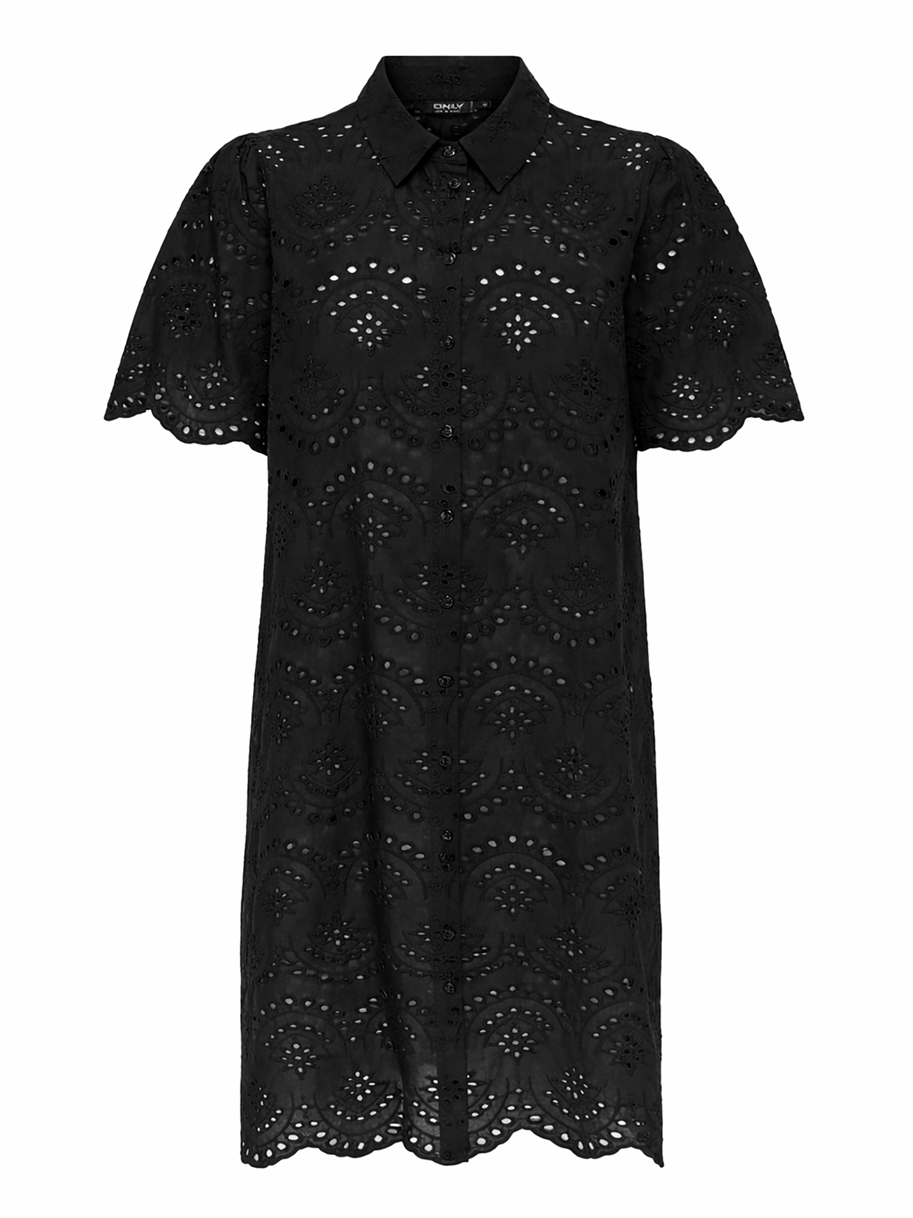 Stilvolles Kleid Lochstickerei Kurzarm Knopfleiste Stilvolles Kleid Lochstickerei Kurzarm Knopfleiste