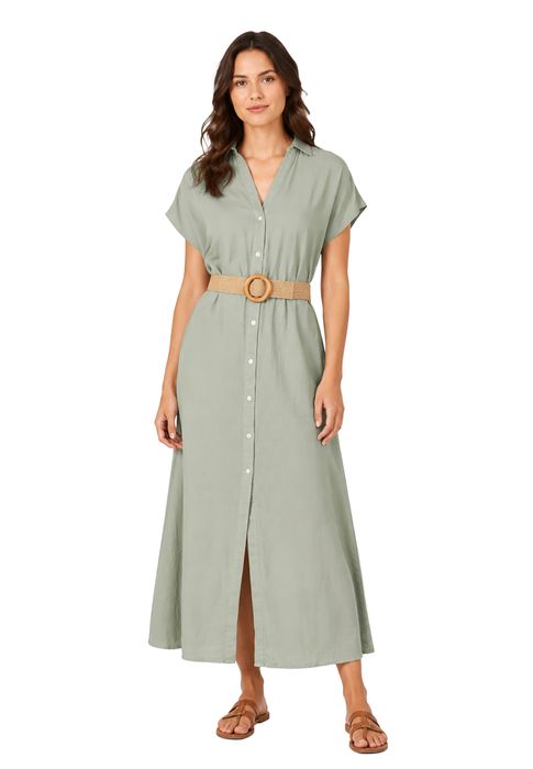 Kurzarm Kleid Gürtel Knopfleiste V-Ausschnitt Einfarbig, Farbe: Grün-2