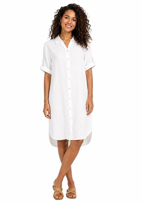 Kurzarmkleid Krempelärmel Einfarbig Knopfleiste Modern, Farbe: Weiß-3