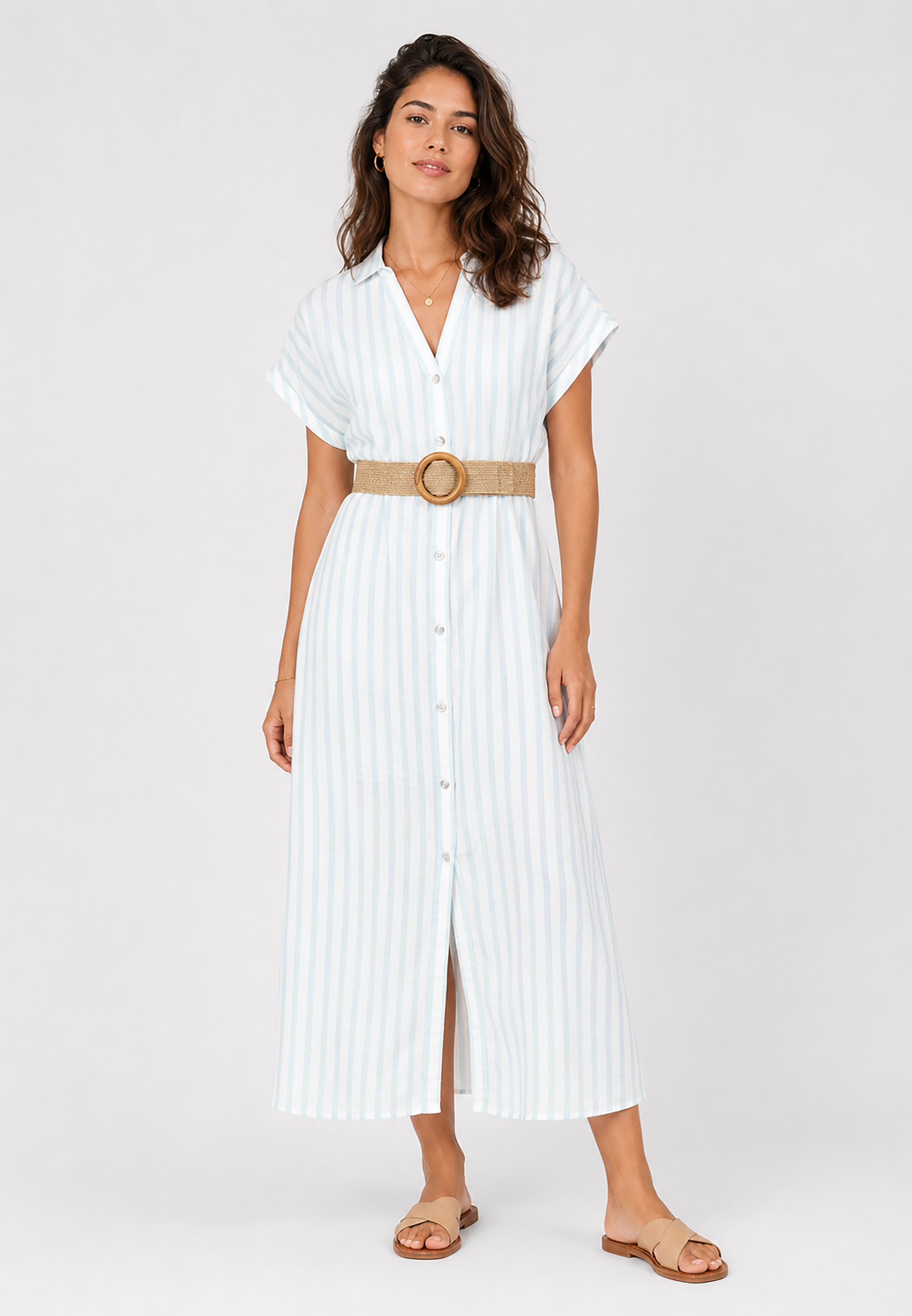 Eight 2 Nine EIGHT 2 NINE Gestreiftes Maxikleid Gürtel Knopfleiste – Hellblau, Bild 1
