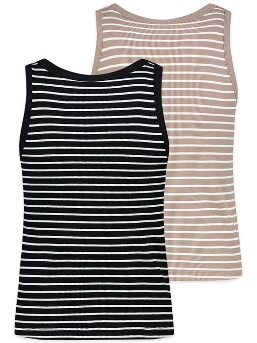 Sublevel Gestreiftes Ärmelloses Tanktop 2er-Set Integriertes BH-Top – Schwarz-Beige, Bild 9