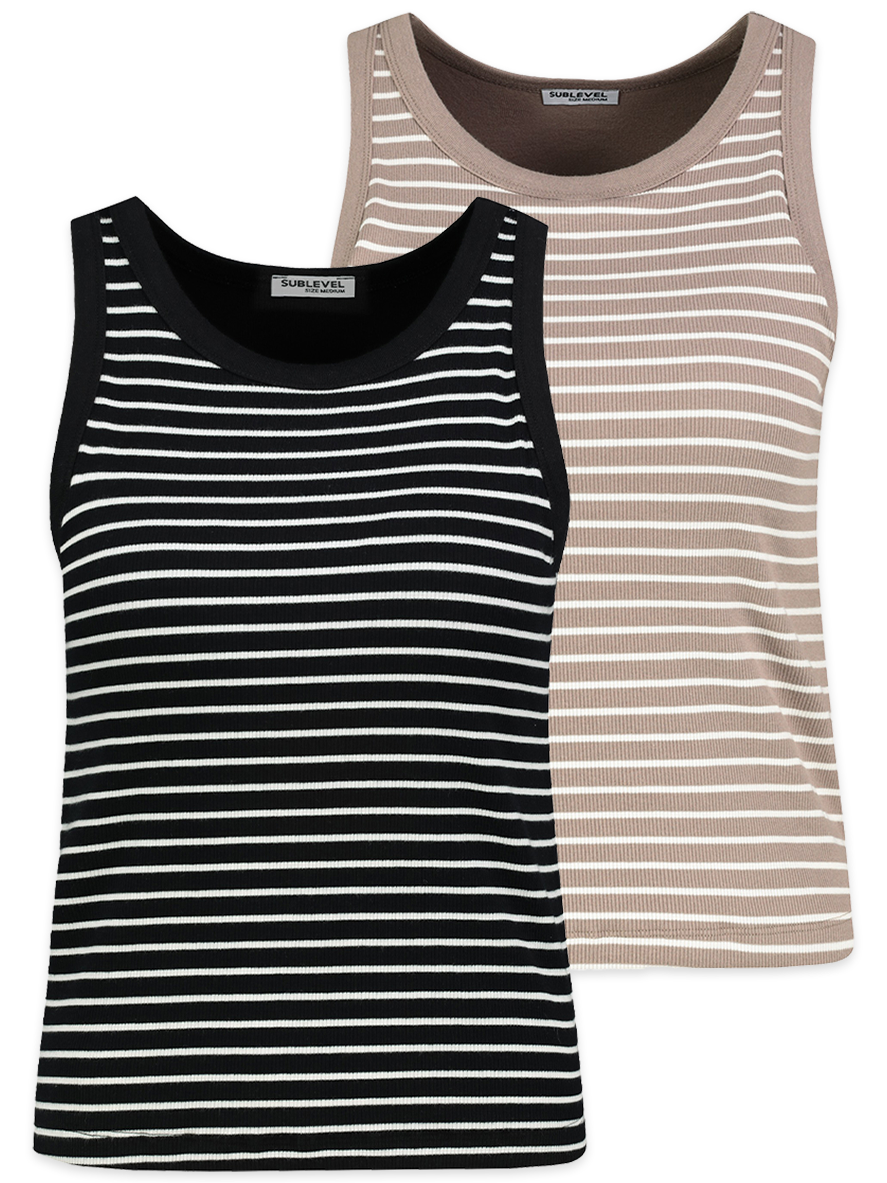 Sublevel Gestreiftes Ärmelloses Tanktop 2er-Set Integriertes BH-Top – Schwarz-Beige, Bild 1