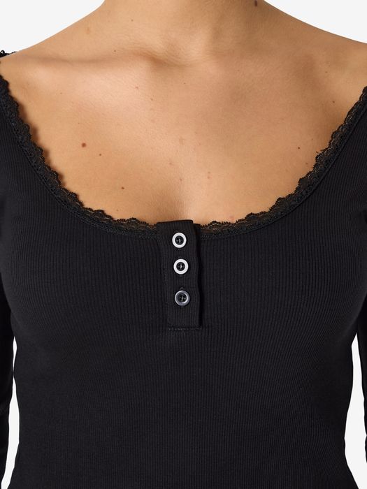 Noisy May Langarmshirt Henley Ausschnitt Knopfverschluss Stilvoll – Schwarz, Bild 3