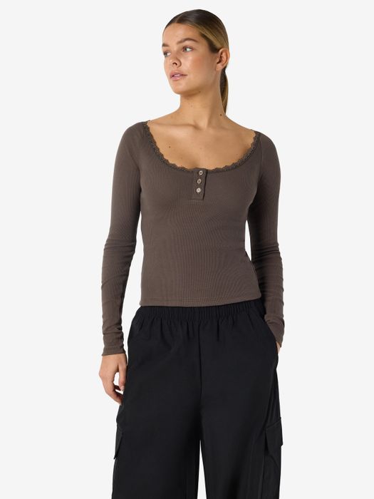 Langarmshirt Henley Ausschnitt Knopfverschluss Stilvoll, Farbe: Braun-2