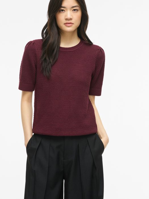 Vila Kurzarmshirt Strickstruktur Rippbündchen Rundhals Modern – Pflaume, Bild 4