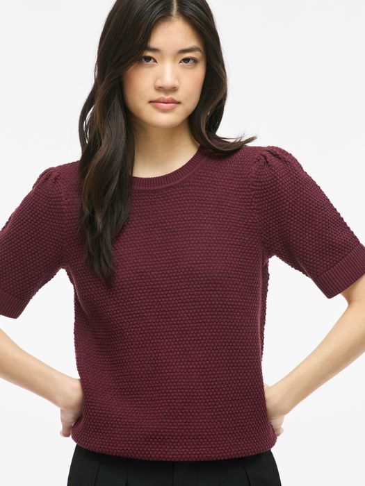 Vila Kurzarmshirt Strickstruktur Rippbündchen Rundhals Modern – Pflaume, Bild 5