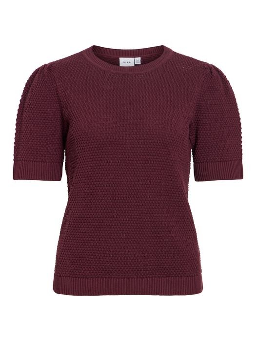 Vila Kurzarmshirt Strickstruktur Rippbündchen Rundhals Modern – Pflaume, Bild 6