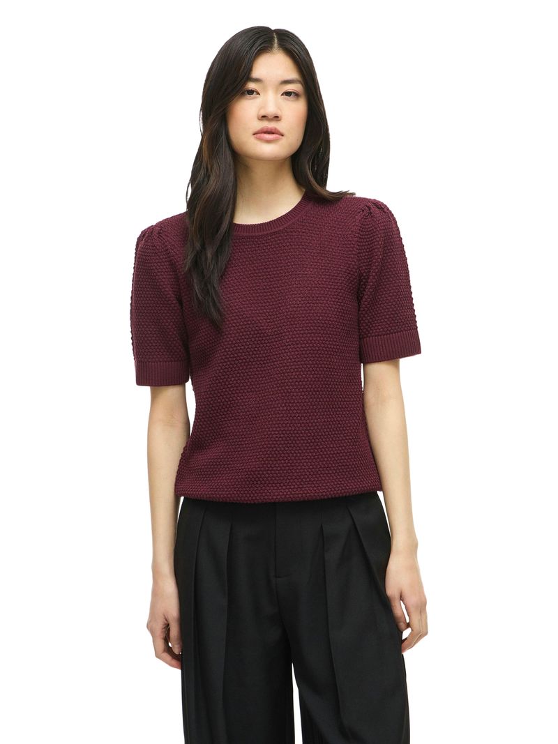 Vila Kurzarmshirt Strickstruktur Rippbündchen Rundhals Modern – Pflaume, Bild 2
