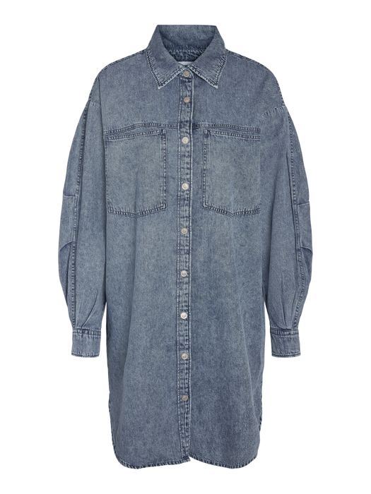 NOISY MAY Modisches Jeanskleid Langarm Druckknopf Umlegekragen, Farbe: Blau-3