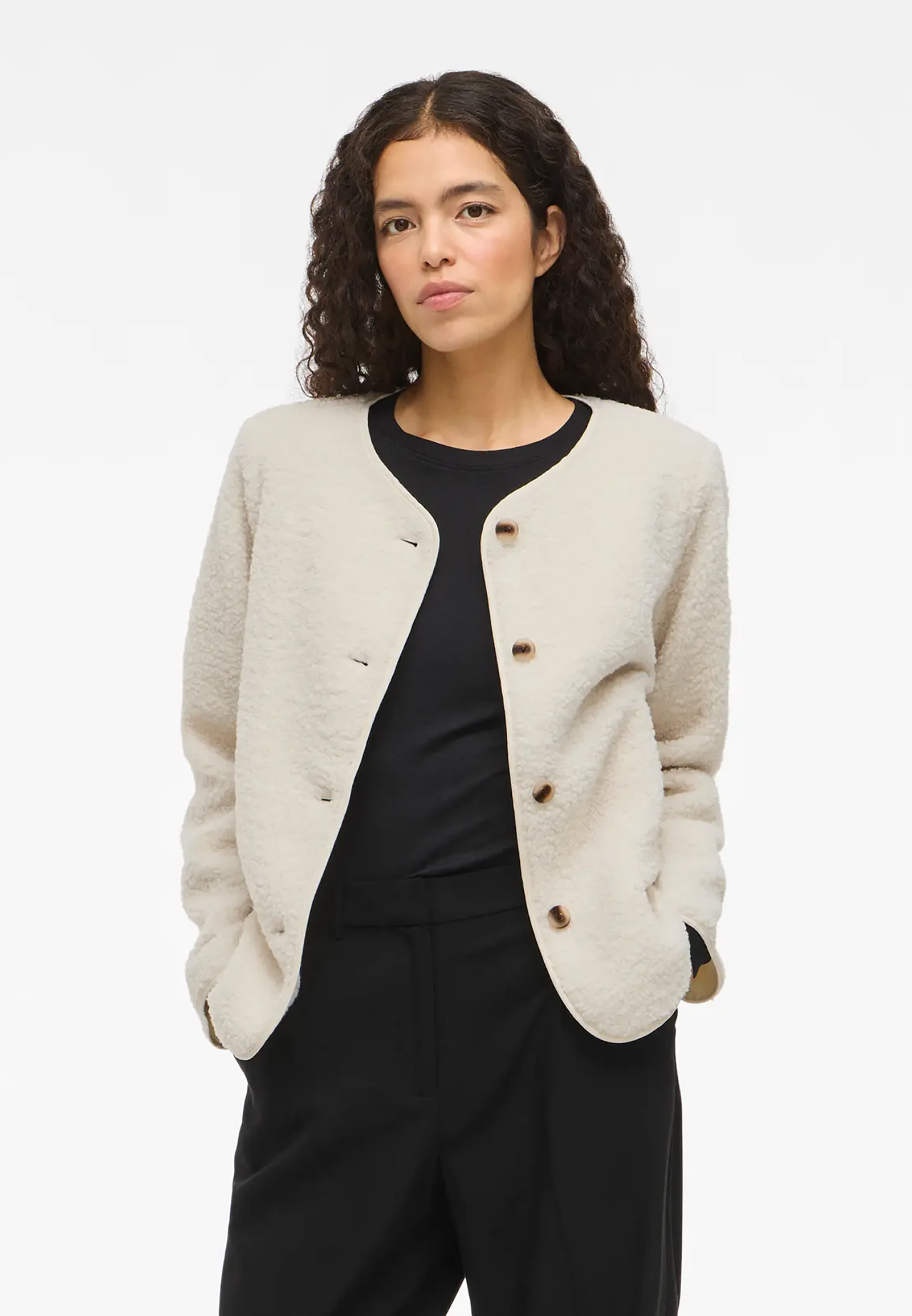 Teddyjacke Knopflose Rundhalsausschnitt Eingrifftaschen Teddyjacke Knopflose Rundhalsausschnitt Eingrifftaschen