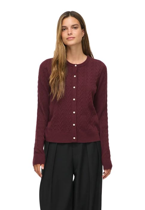 Klassischer Cardigan Strukturmuster Rundhalsausschnitt, Farbe: Pflaume