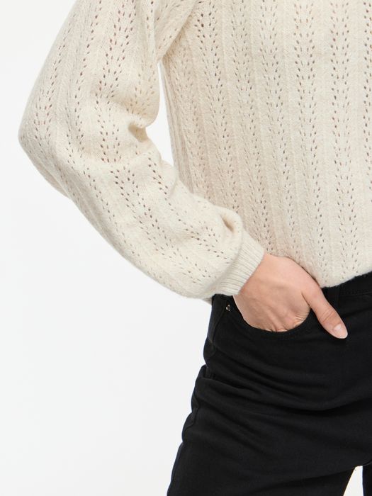 Vila Langarm Strickpullover Rundhals Lochmuster Unifarben – Beige, Bild 5