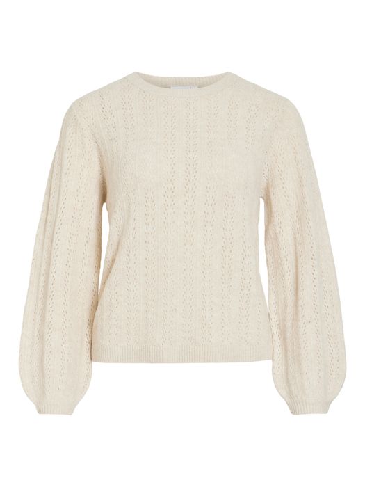 Vila Langarm Strickpullover Rundhals Lochmuster Unifarben – Beige, Bild 4