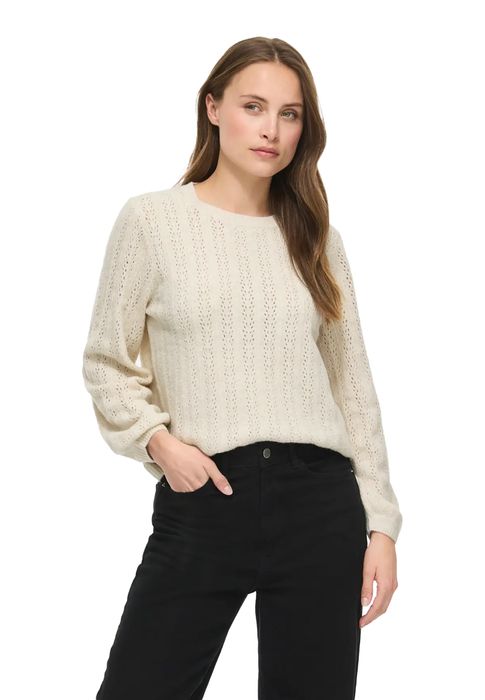 Langarm Strickpullover Rundhals Lochmuster Unifarben, Farbe: Beige-2