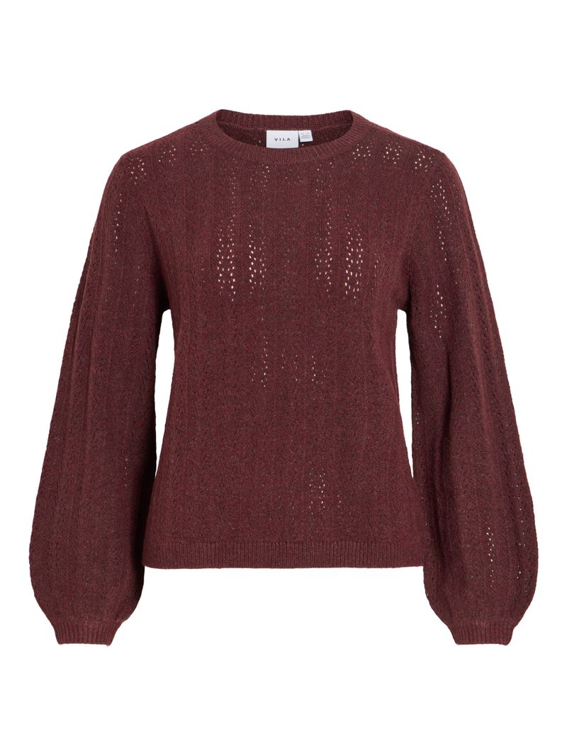 Vila VILA Langarm Strickpullover Rundhals Lochmuster Unifarben – Rot, Bild 2