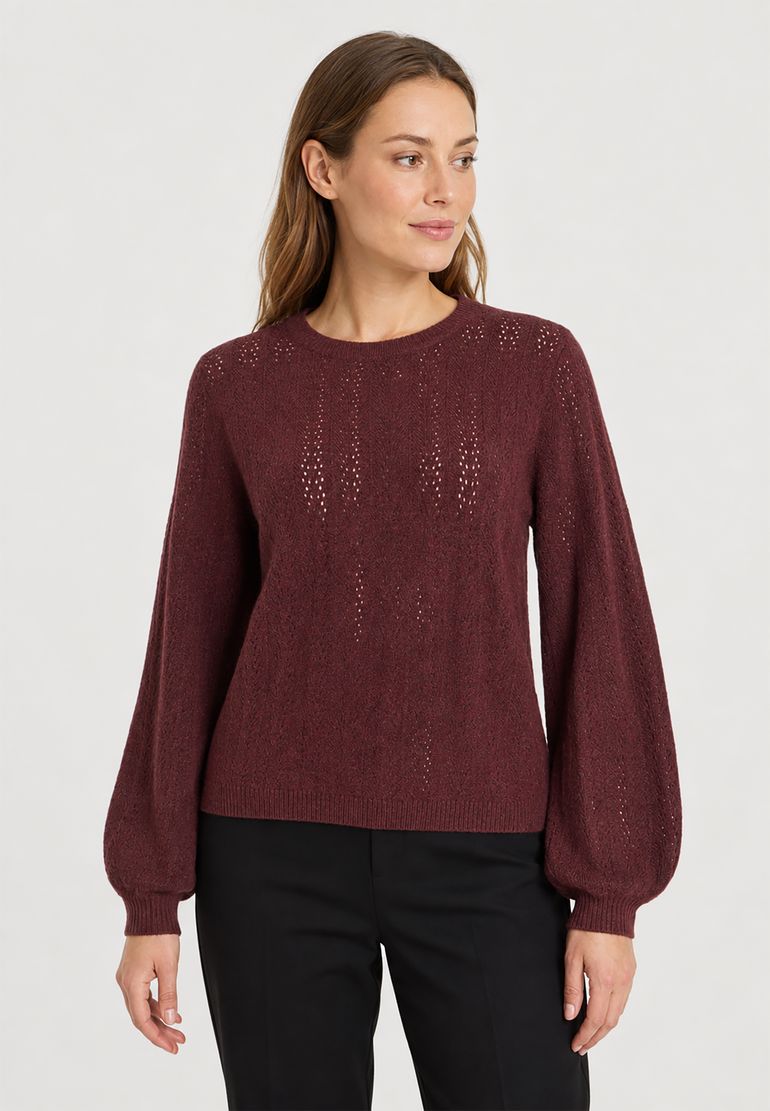 Vila VILA Langarm Strickpullover Rundhals Lochmuster Unifarben – Rot, Bild 1