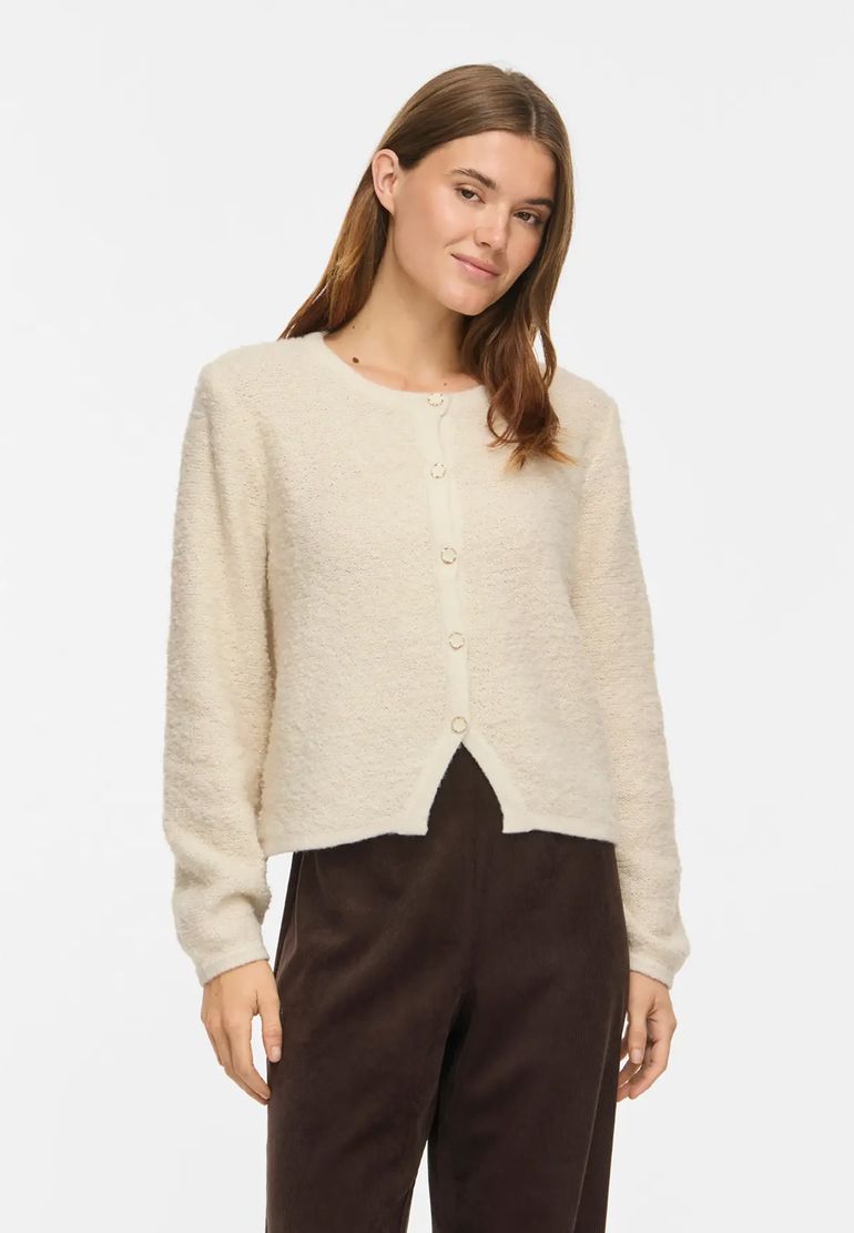 Vila Elegante Strickjacke Rundhals Knopfverschluss Langarm – Creme, Bild 1