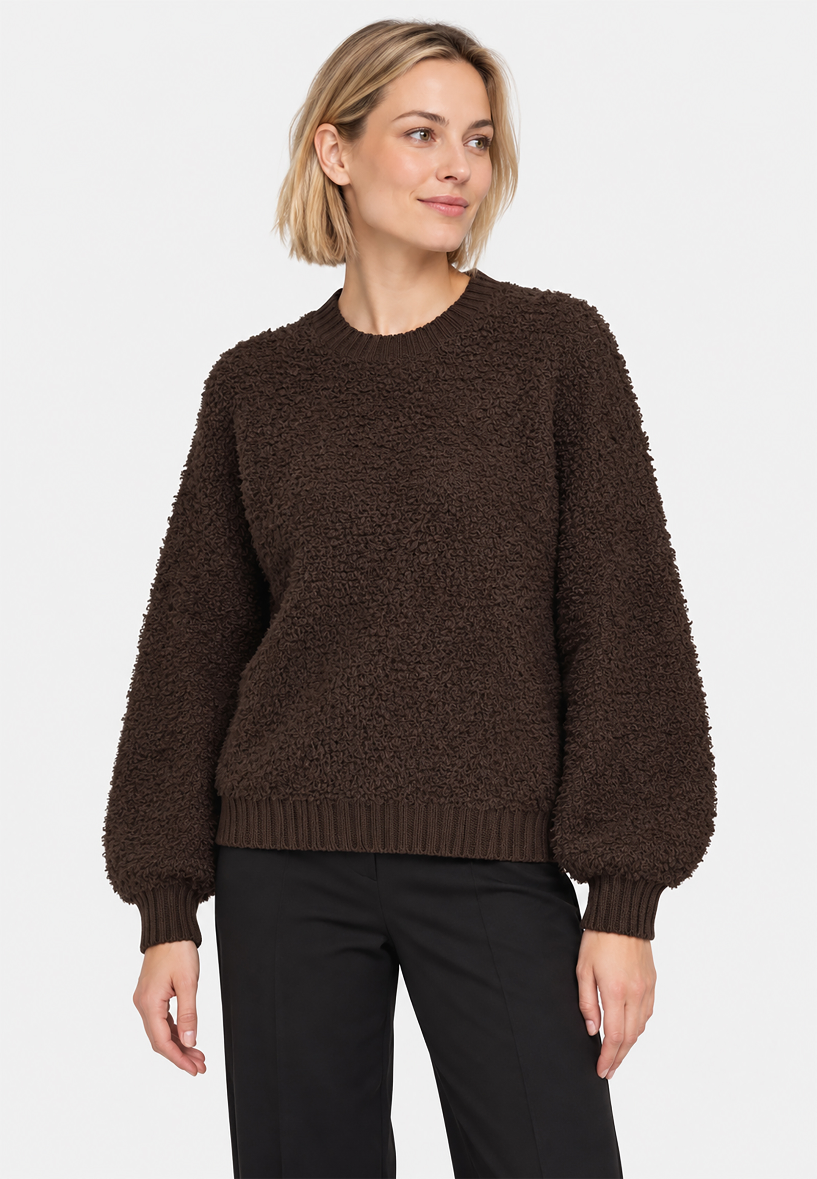 Strukturierter Strickpullover Rundhals Ballonärmel Strukturierter Strickpullover Rundhals Ballonärmel