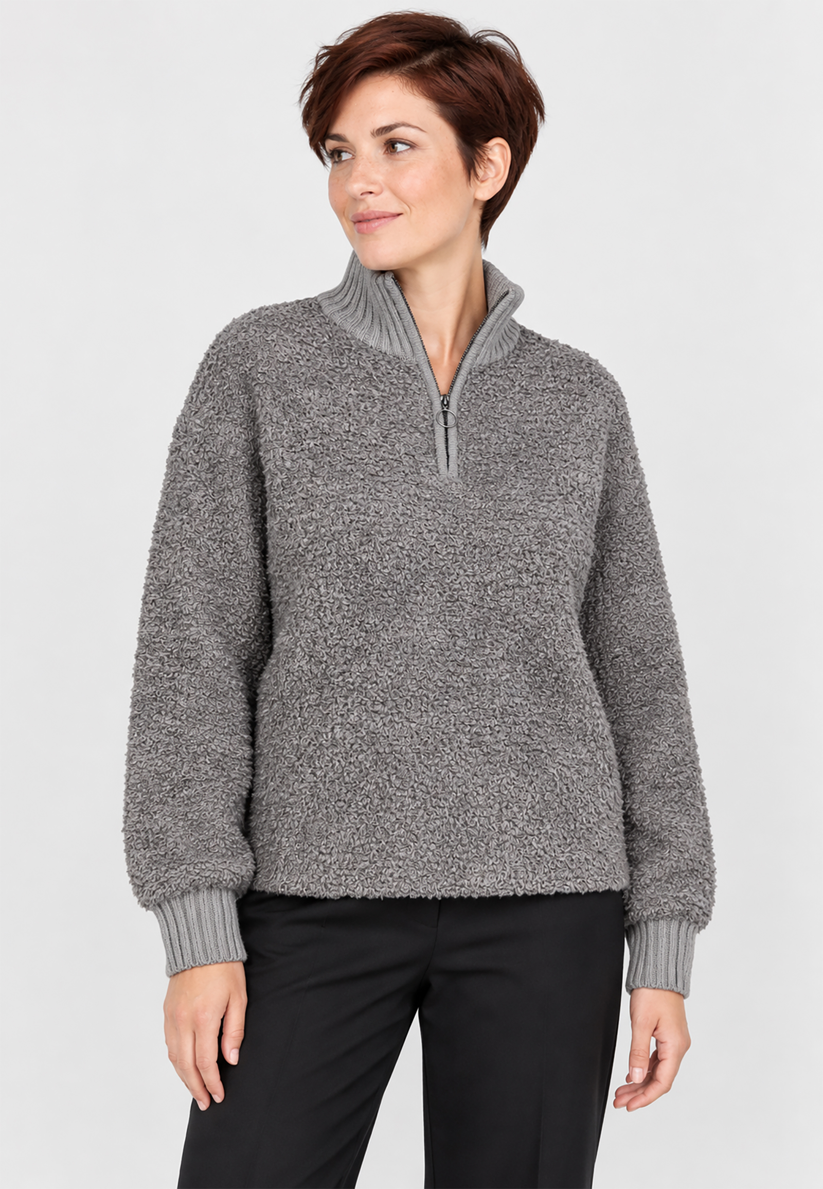 Flauschiger Pullover Stehkragen Reißverschlussdetail Flauschiger Pullover Stehkragen Reißverschlussdetail