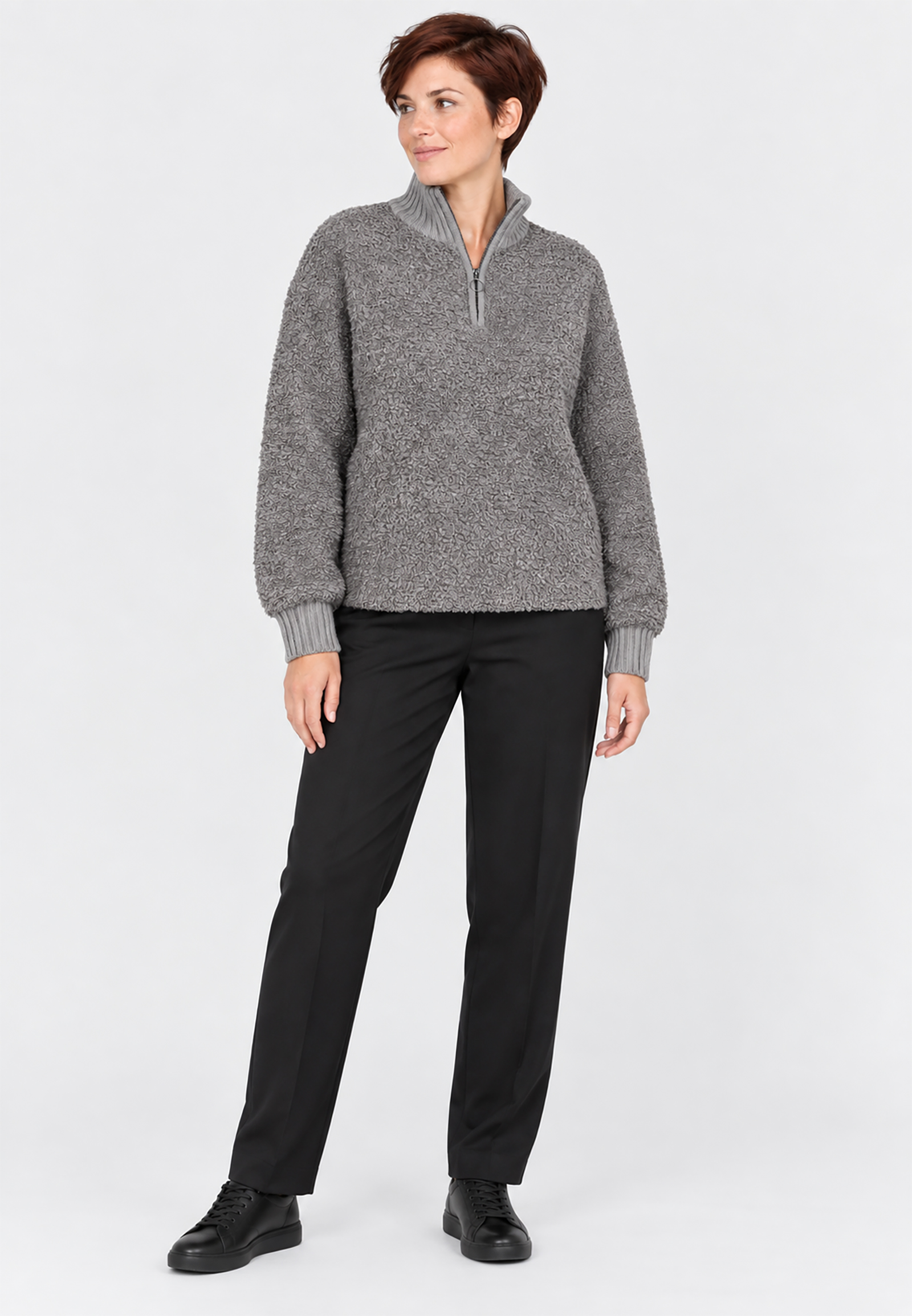 Flauschiger Pullover Stehkragen Reißverschlussdetail Flauschiger Pullover Stehkragen Reißverschlussdetail
