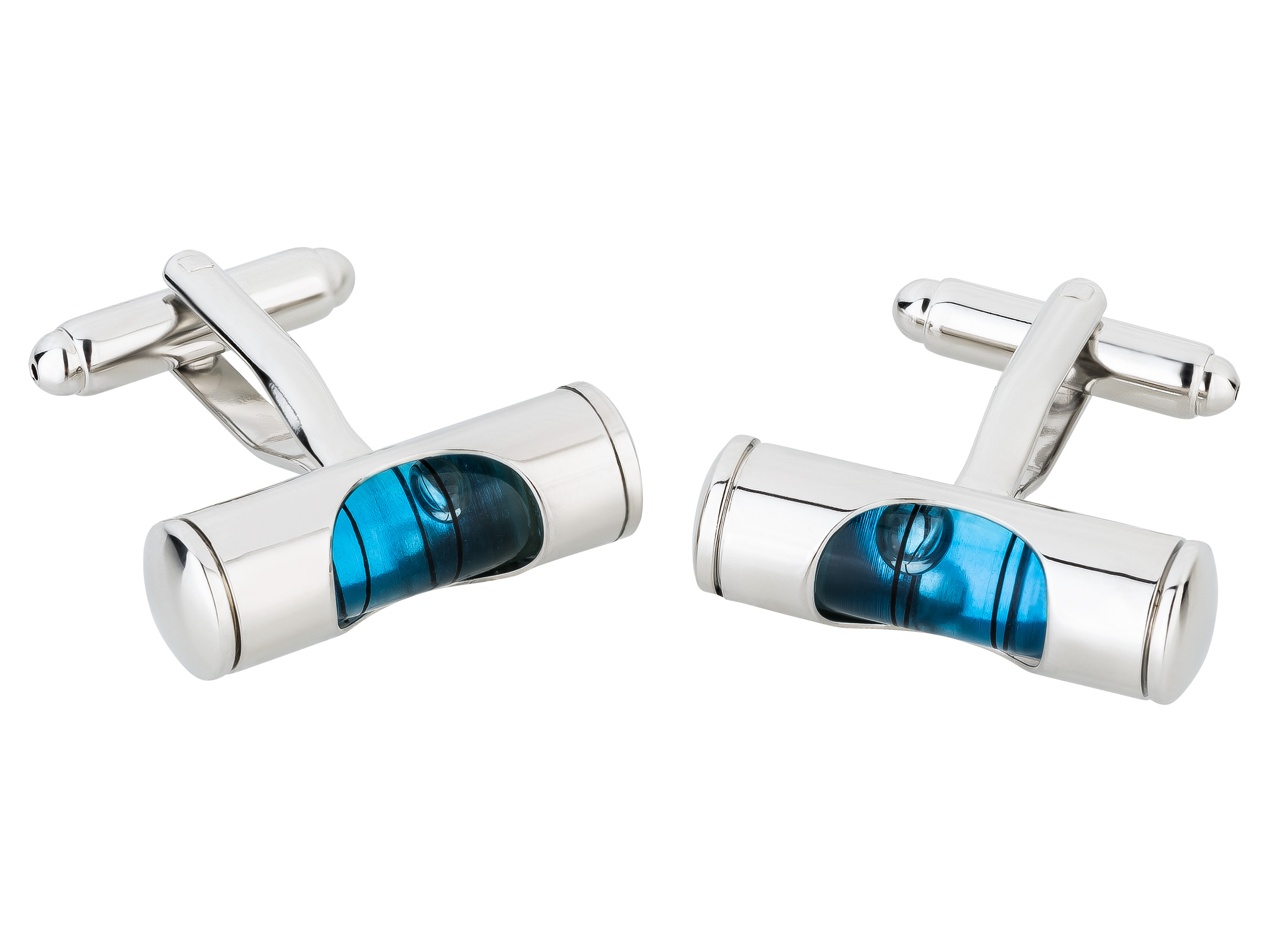 Silberne Manschettenknöpfe mit funktionsfähiger blauer Wasserwaage Manschettenknöpfe silbern mit funktionsfähiger Wasserwaage in blau