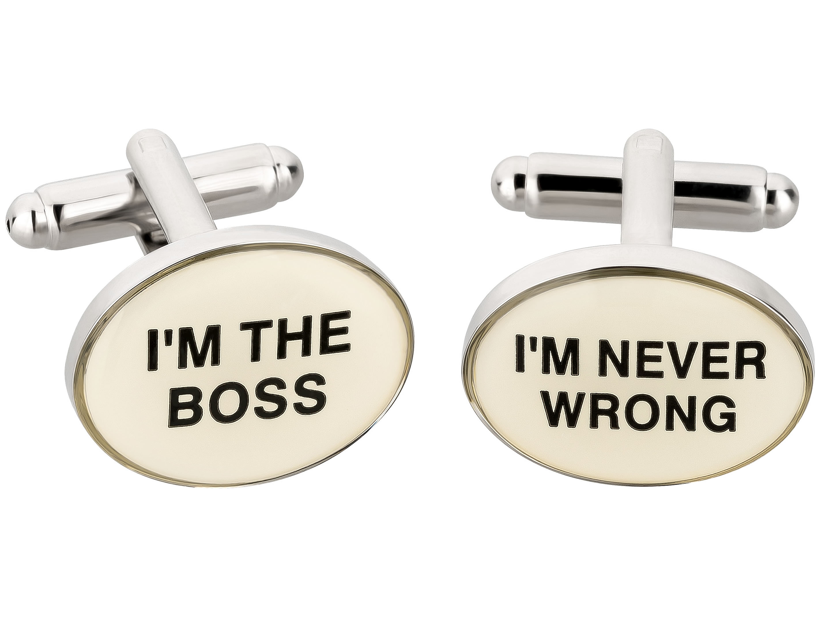Manschettenknöpfe I'm the boss, I'm never wrong Manschettenknöpfe mit Slogan I'm the Boss I'm never wrong Schwarz Weiß Silber