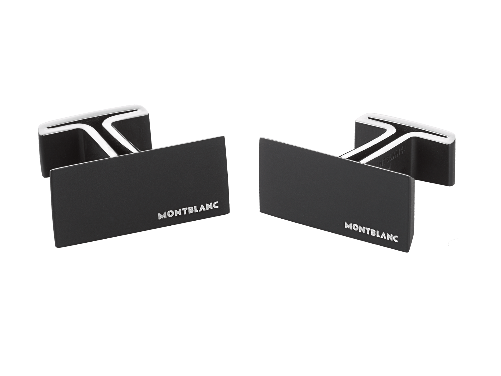 Montblanc Manschettenknöpfe Edelstahl schwarz gravierter Schrifzug Manschettenknöpfe rechteckig Montblanc bedruckt