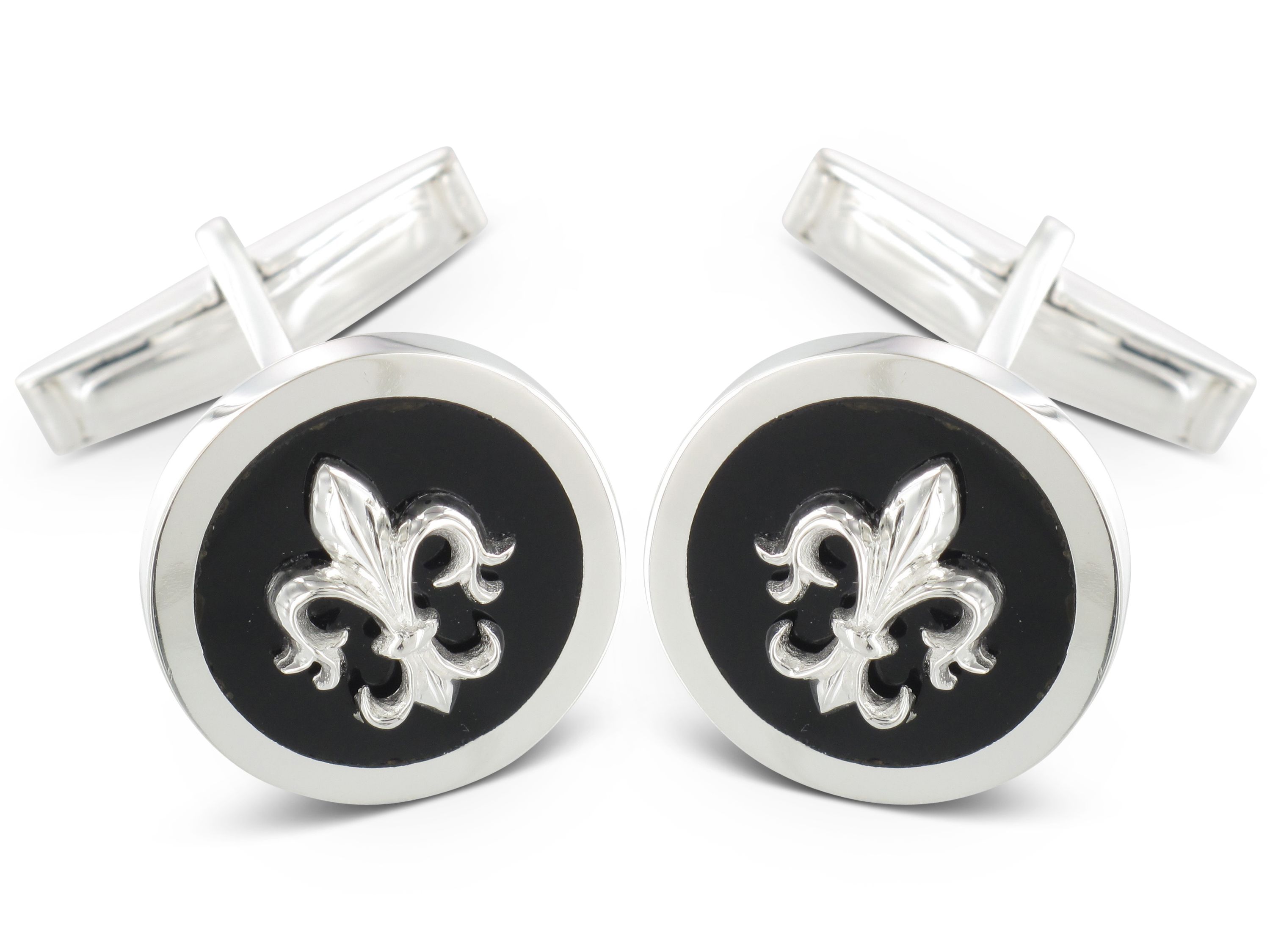 elegante silberne Manschettenknöpfe Fleur de Lis Onyx-Einlage Manschettenknöpfe Fleur de Lis Silber Onyx-Einlage