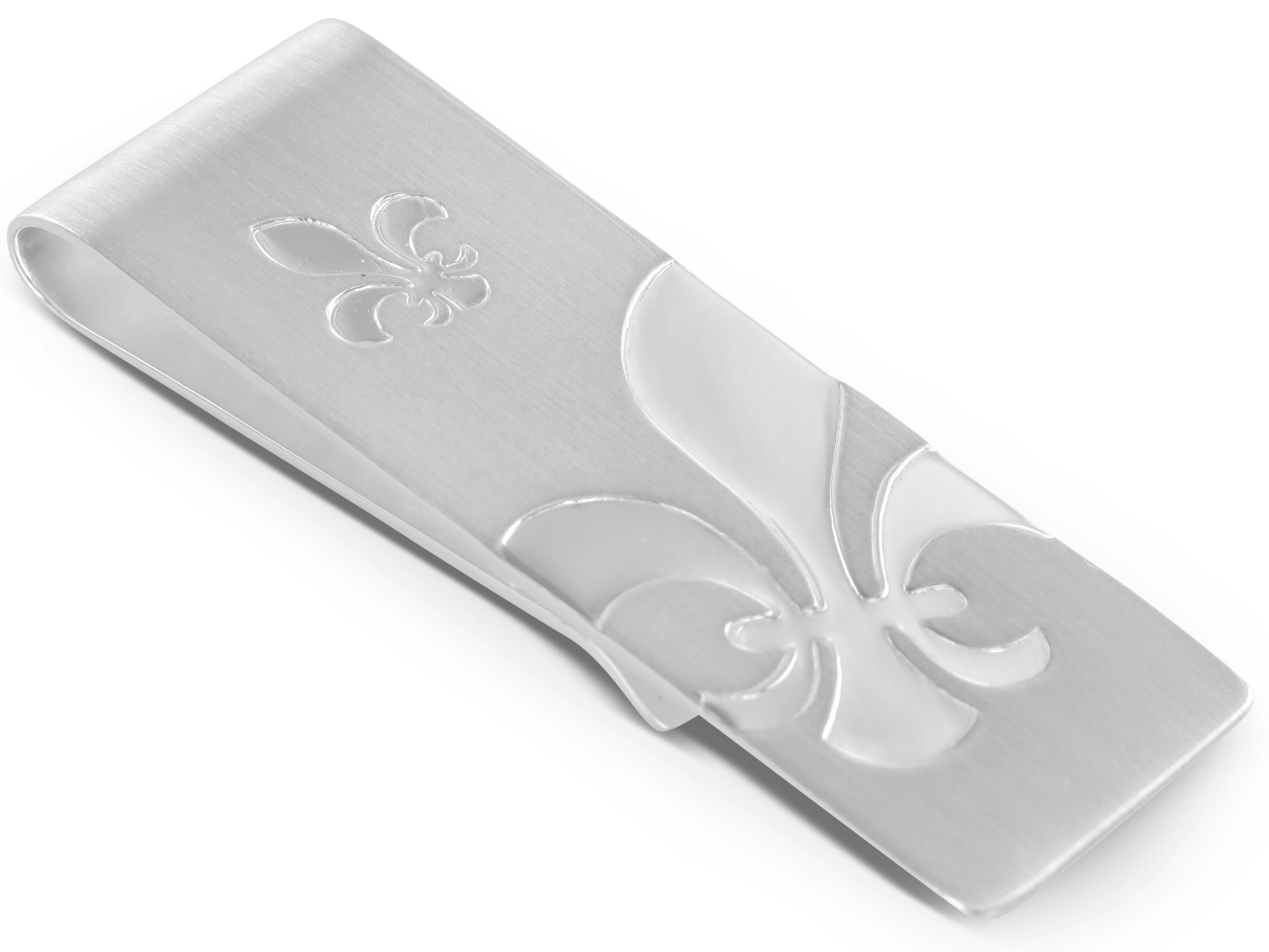 Silber Geldklammer mit Fleur-de-Lis Motiv Geldklammer Silber mit Fleur-de-Lis Lilienmotiv auf weißem Hintergrund