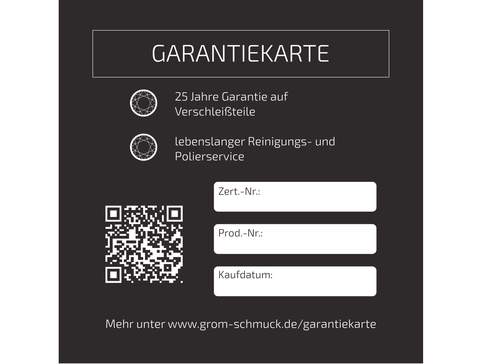 Garantie auf Verschleißteile und Politur Grom Schmuck Garantiekarte Edelmetalle Gold und Silber Politurservice Reparatur Verschleißteile