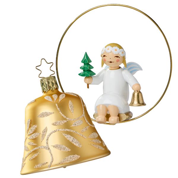 Engel im Ring mit Bäumchen und Glocke; Glasglocke, gold, von Wendt und Kühn Engel im Ring mit Bäumchen und Glocke; Glasglocke, gold, von Wendt und Kühn