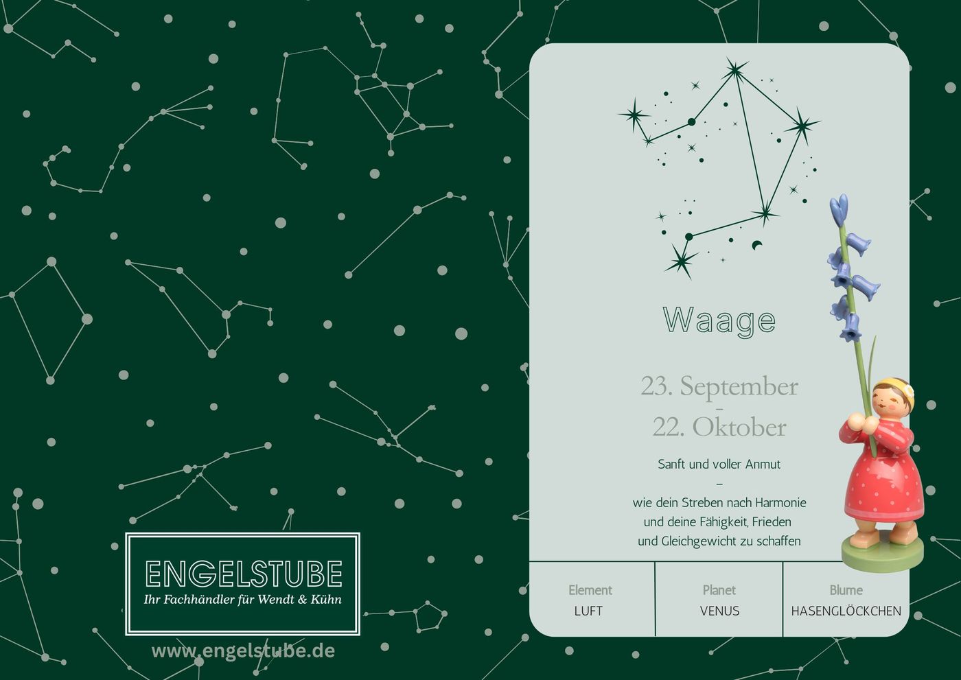 Sternzeichen-Kind Waage / Hasenglöckchen (23. September – 22. Oktober) von Wendt und Kühn exklusiv in der Engelstube Sternzeichen-Kind Waage / Hasenglöckchen (23. September – 22. Oktober) von Wendt und Kühn exklusiv in der Engelstube