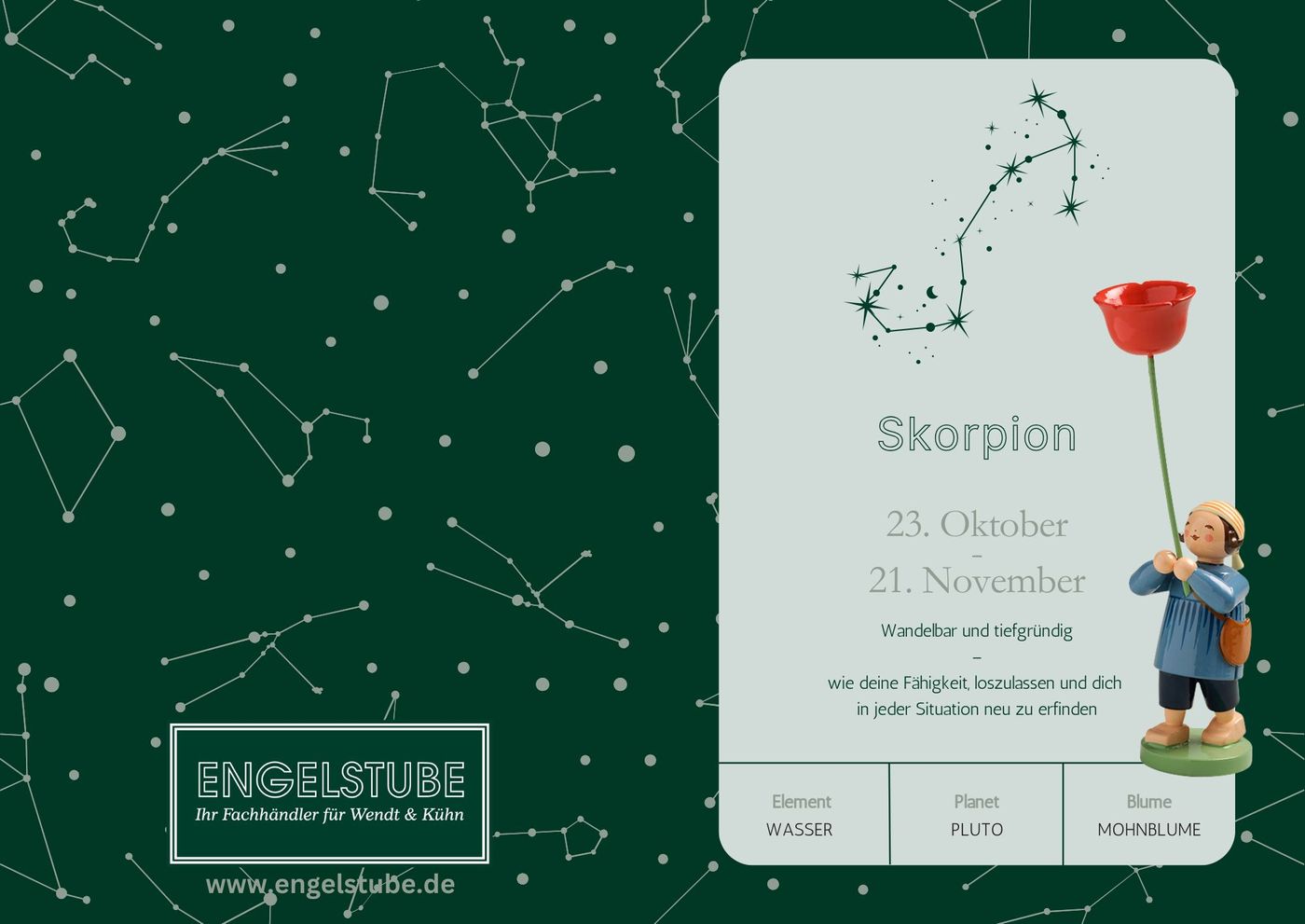 Sternzeichen-Kind Skorpion / Mohnblume (23. September – 22. Oktober) von Wendt und Kühn exklusiv in der Engelstube Sternzeichen-Kind Skorpion / Mohnblume (23. September – 22. Oktober) von Wendt und Kühn exklusiv in der Engelstube