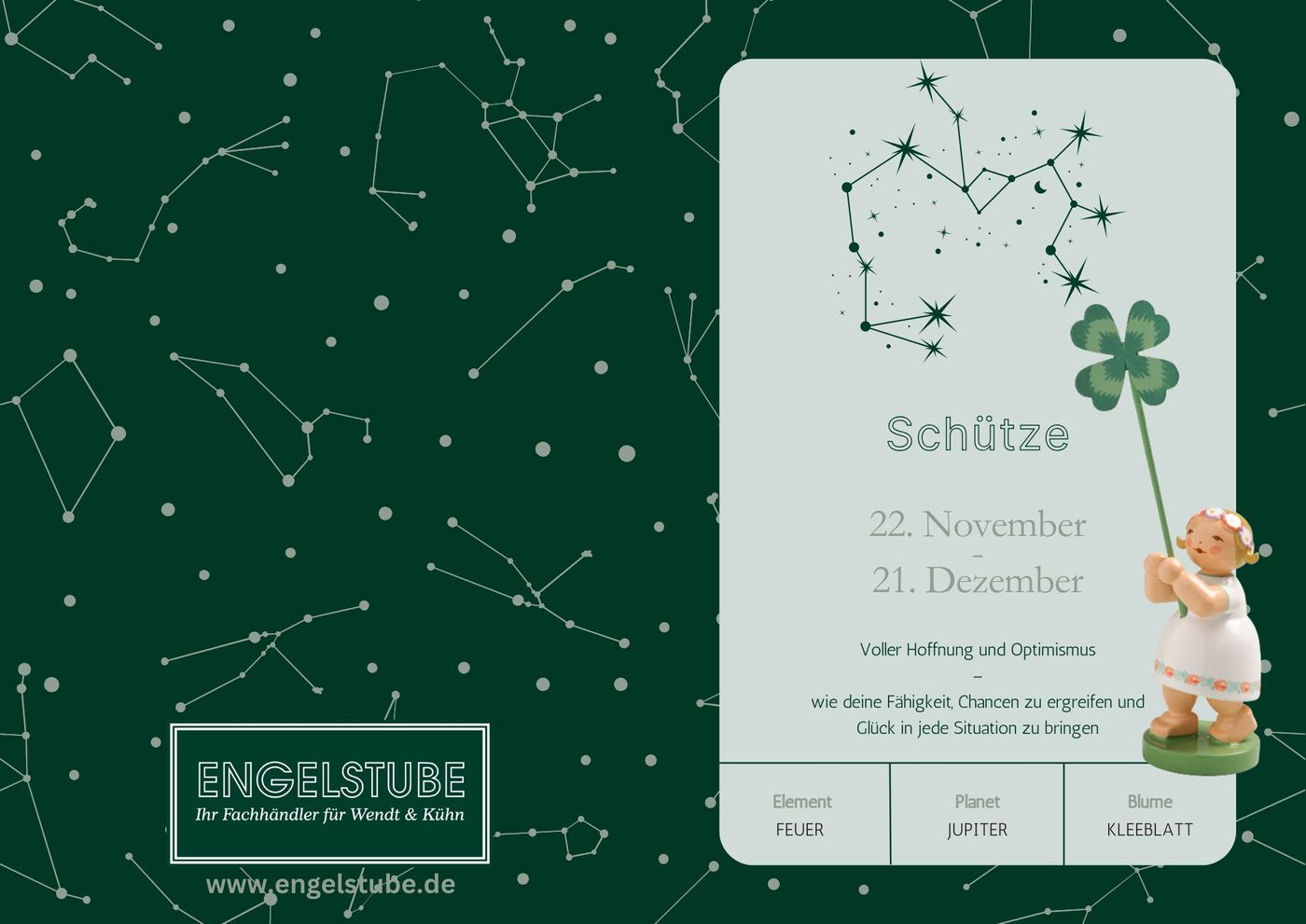 Sternzeichen-Kind Schütze – Kleeblatt (22. November – 21. Dezember) von Wendt und Kühn exklusiv in der Engelstube Sternzeichen-Kind Schütze – Kleeblatt (22. November – 21. Dezember) von Wendt und Kühn exklusiv in der Engelstube