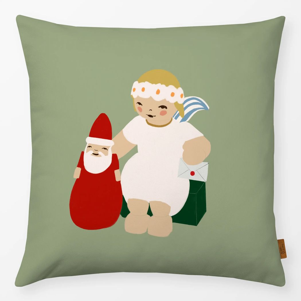 Kissenbezug Engel mit Weihnachtsmann Grün mit Wendt und Kühn Muster Kissenbezug Engel mit Weihnachtsmann Grün 40x40 cm, aus Premium Samt mit Wendt und Kühn Muster