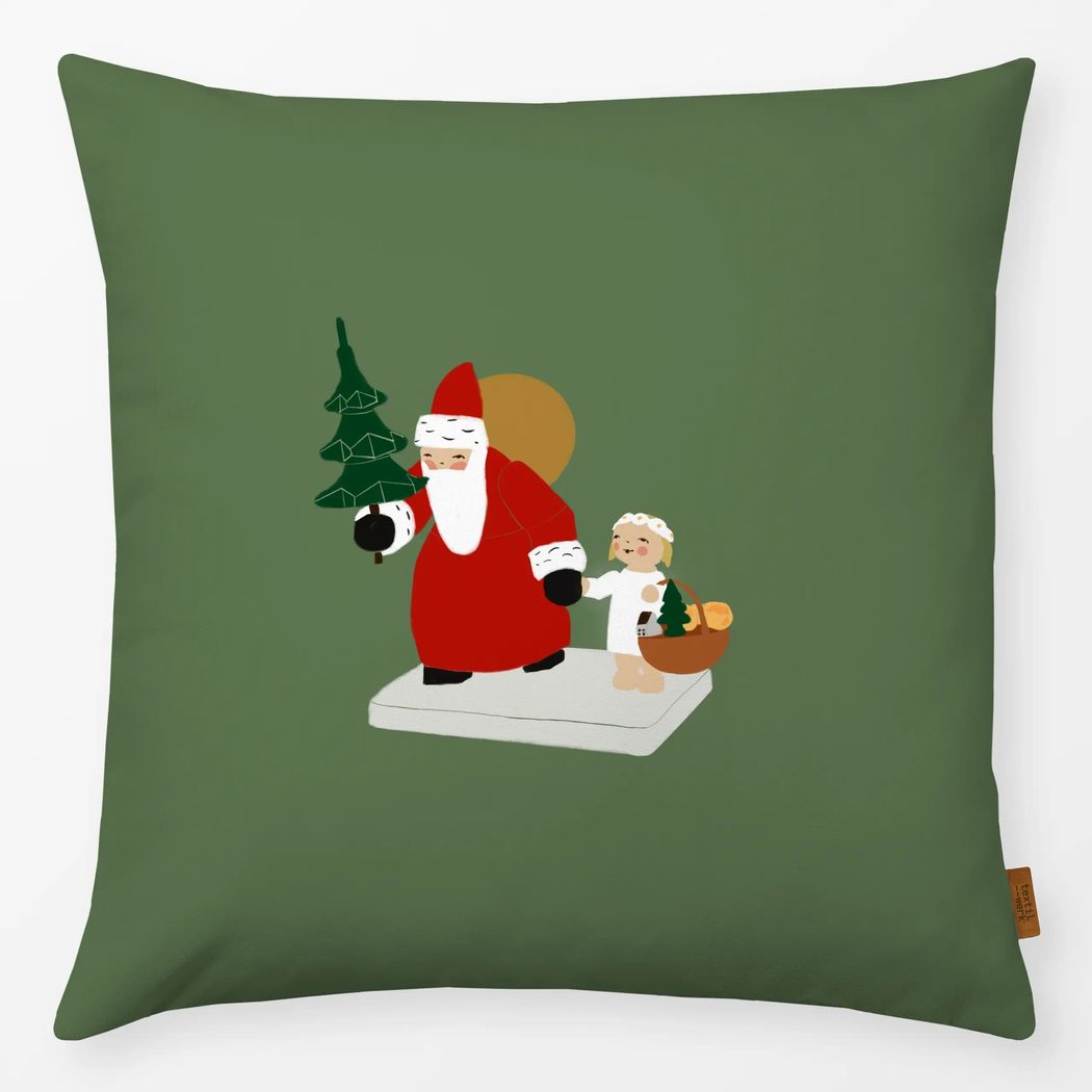 Kissenbezug Weihnachtsmann mit Engel Grün Dunkel mit Wendt und Kühn Muster Kissenbezug Weihnachtsmann mit Engel Grün Dunkel 40x40 cm, aus Premium Samt mit Wendt und Kühn Muster