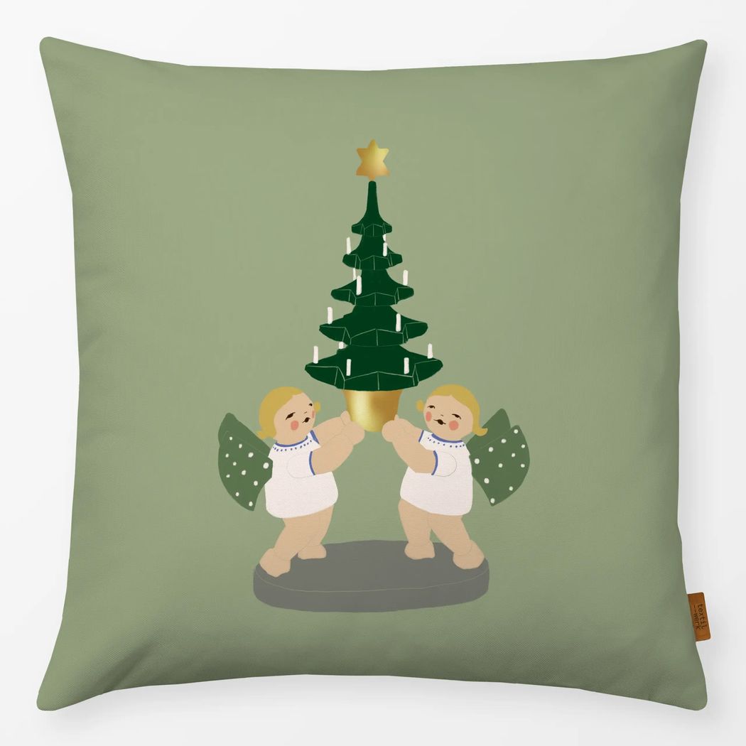 Kissenbezug Engel mit Baum Grün mit Wendt und Kühn Muster Kissenbezug Engel mit Baum Grün 40x40 cm, aus Premium Samt mit Wendt und Kühn Muster
