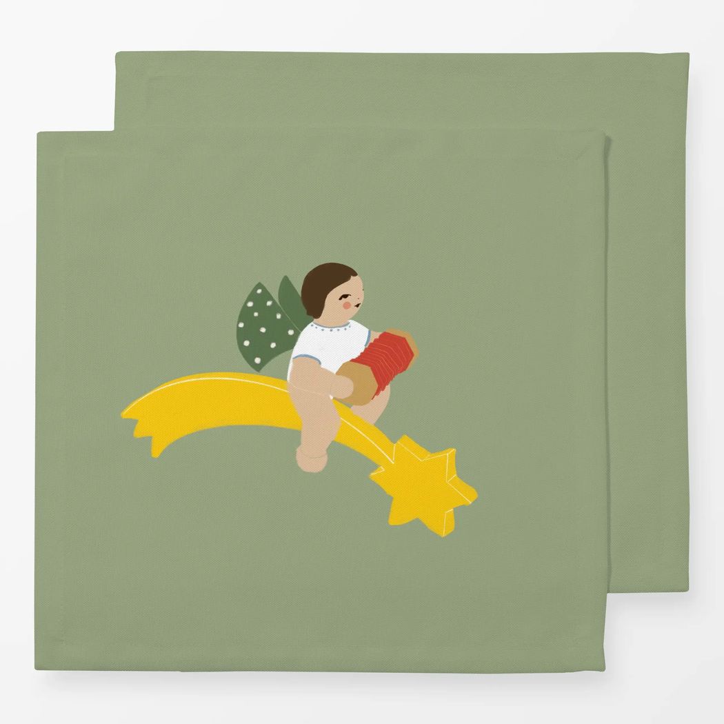 Servietten 2er Set Engel auf Sternschnuppe Grün mit Wendt und Kühn Muster Servietten 2er Set Engel auf Sternschnuppe Grün 40x40 cm, aus Baumwoll-Perkal mit Wendt und Kühn Muster