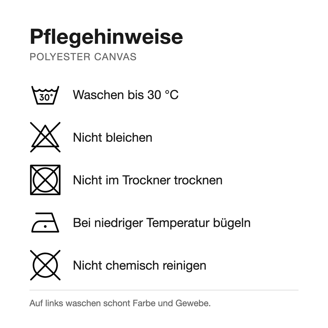 Pflegehinweise Polyester Canvas Tischläufer mit Wendt und Kühn Muster Pflegehinweise Polyester Canvas: Wäsche bis 30 °C, nicht bleichen, nicht im Trockner trocknen, bei niedriger Temperatur bügeln, nicht chemisch reinigen, Tischläufer mit Wendt und Kühn Muster