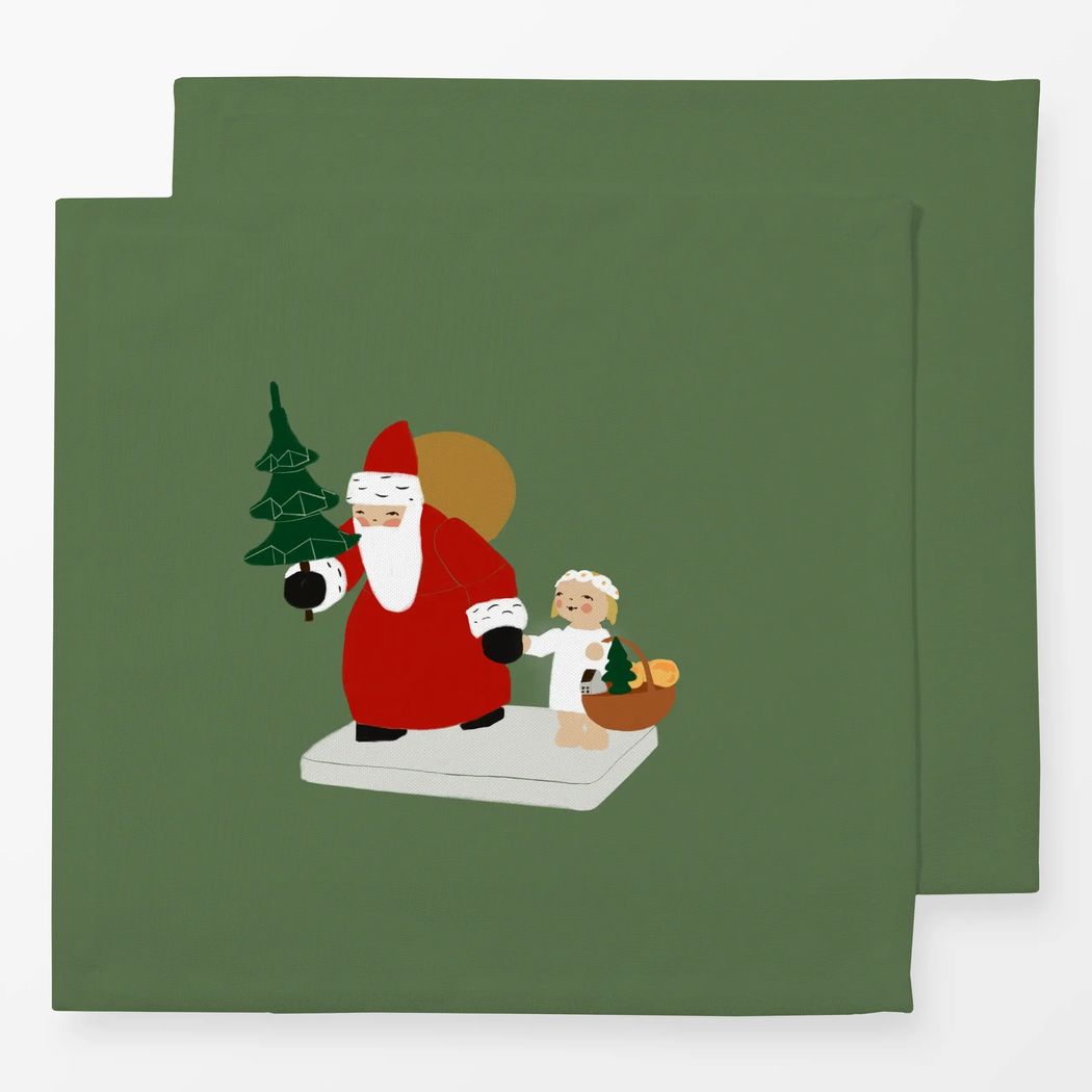 Servietten 2er Set Weihnachtsmann mit Engel Grün Dunkel mit Wendt und Kühn Muster Servietten 2er Set Weihnachtsmann mit Engel Grün Dunkel 40x40 cm, aus Baumwoll-Perkal mit Wendt und Kühn Muster