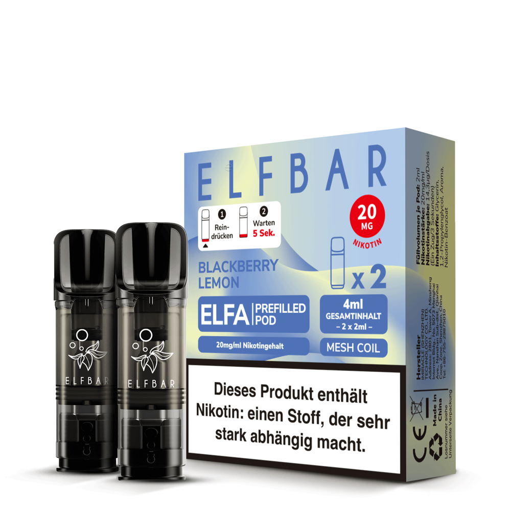 elfbar nikotin geschmack ELFA Blackberry Lemon 20mg 2er Pack Rechargeable elf bar pods tabak geschmack Please Choose Colour:Berry Pink ELFBAR ELFA Refillable Pod